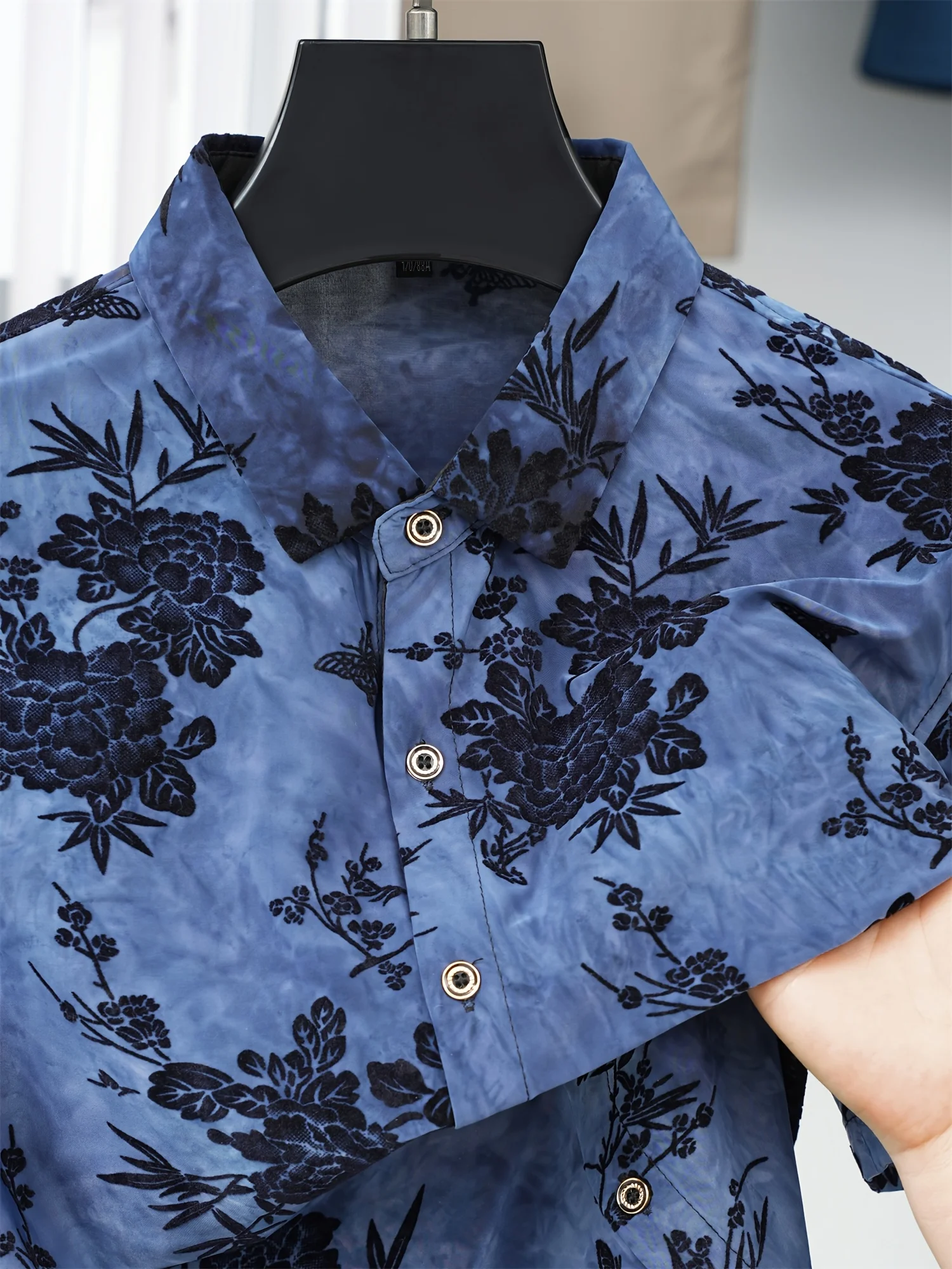 Men Short Sleeve Shirt Tie‑Dye Blue Black Floral Butterfly Print Turn‑Down Collar Hawaiian Casual Tops