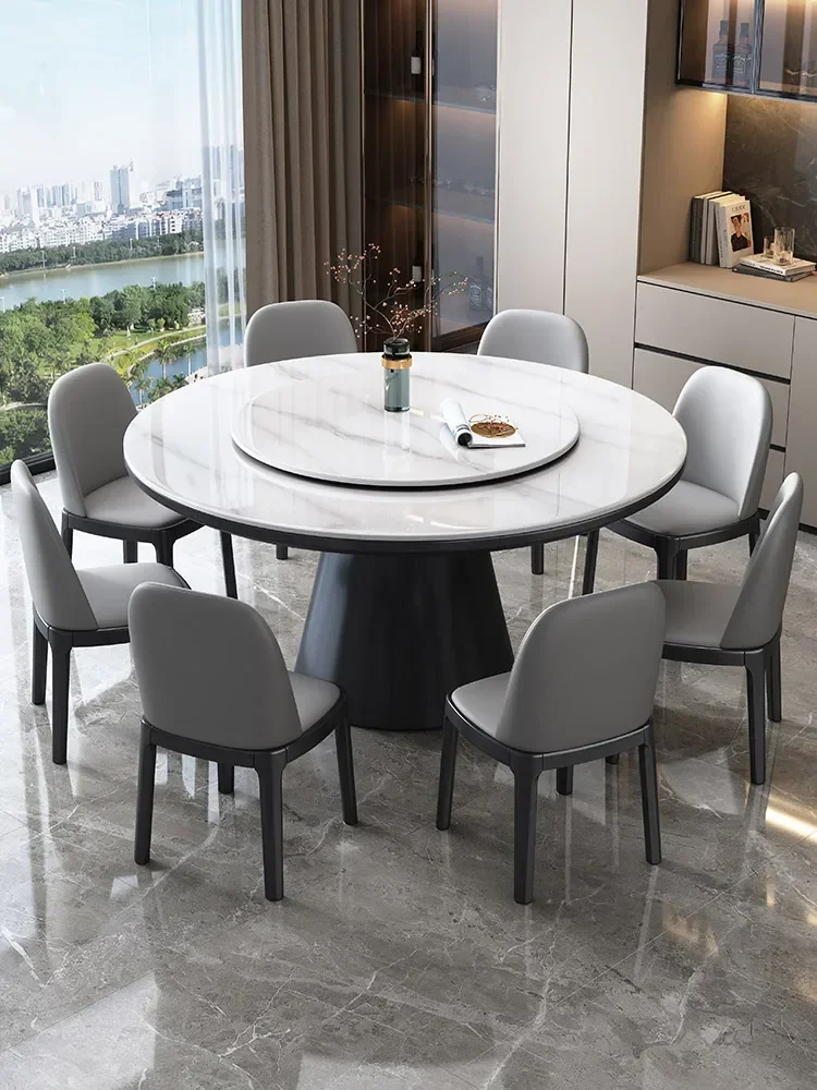 Light luxury rock plate dining table and chair combination, modern and simple household round table with rotary table,