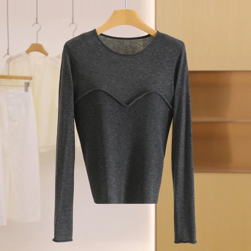 

Casual Loose round Ne Sweater Pure Color Splicing Decorative Stitching Versatile Women's Faion Autumn Top by Yao Multi-Brand