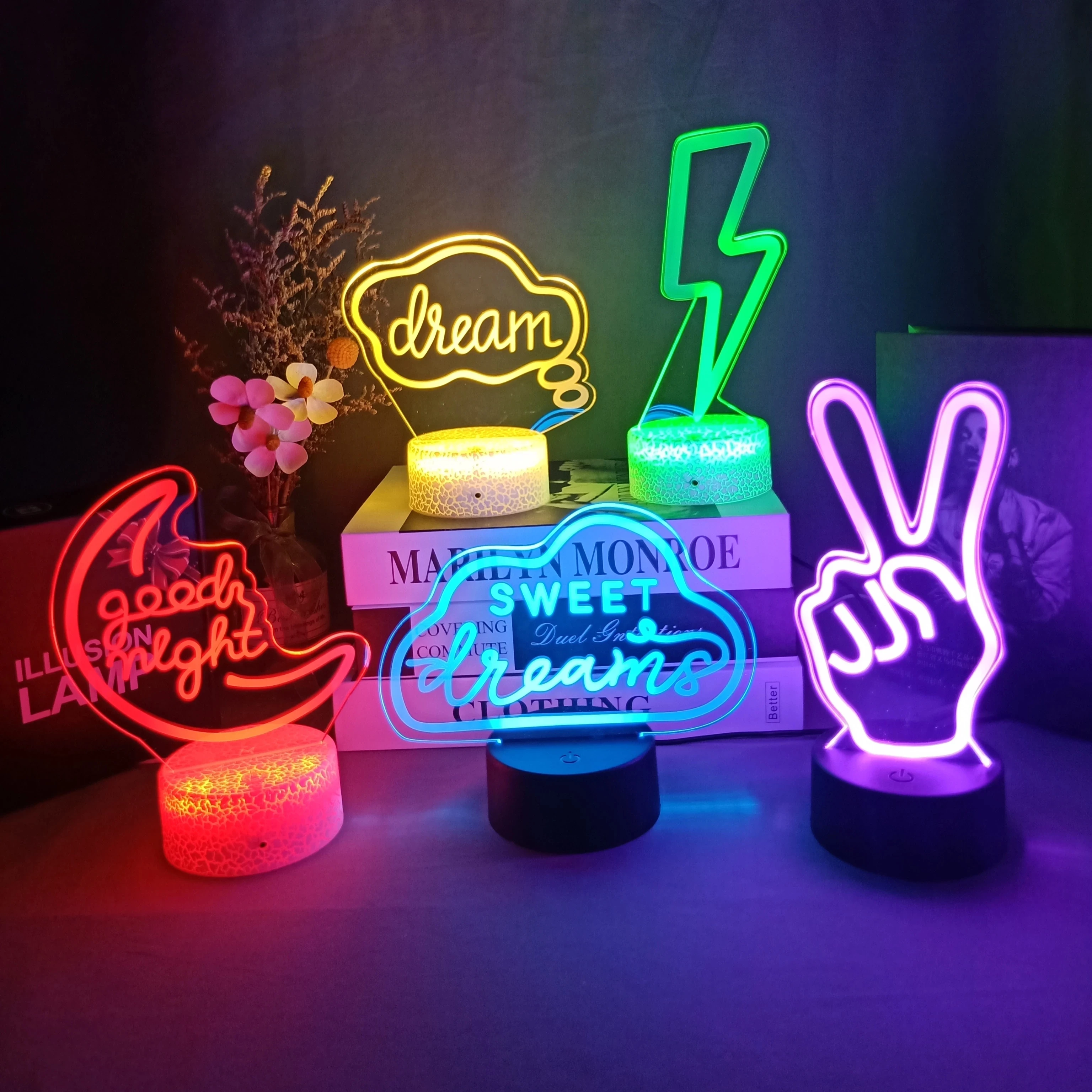 3D LED Night Light Room Decor Good Vibes Dream Open Hello Flash Neon Sign lampada da tavolo per Home Party Wedding Decor 7/16 colori