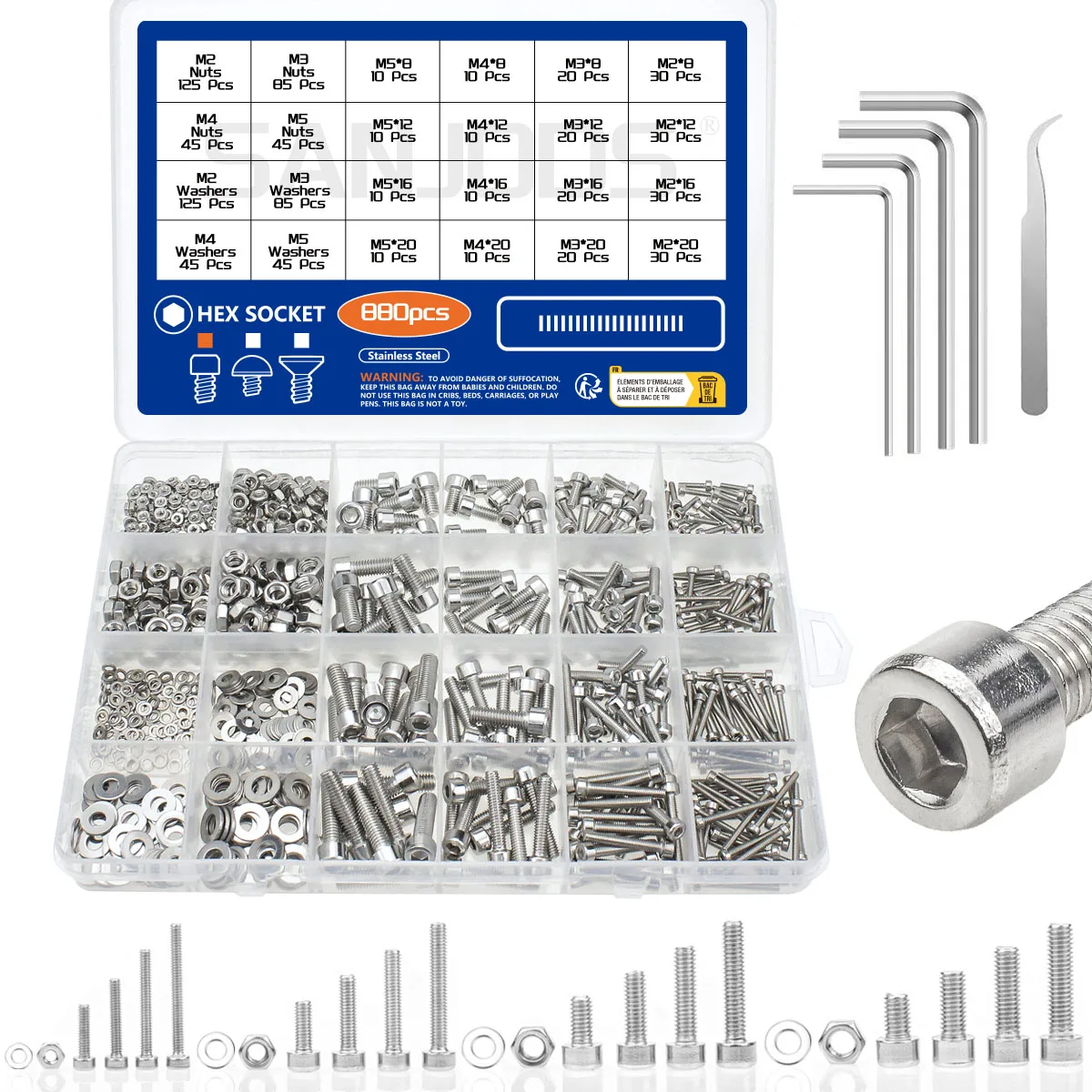 880 stuks roestvrijstalen zeskantmoer en boutset duurzaam M2 M3 M4 M5 maten inclusief platte sluitring voor veilige bevestiging DIY-project