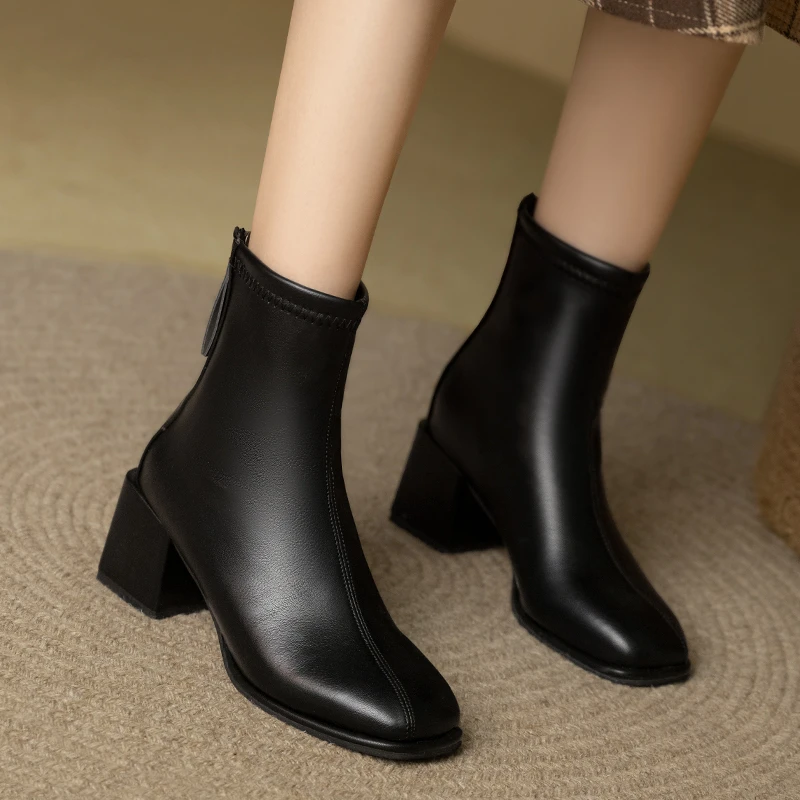 2022 Winter New British Style Back Zipper Fashion Boots Women's Rough Heel Leather Suede Versatile Short Boots Women