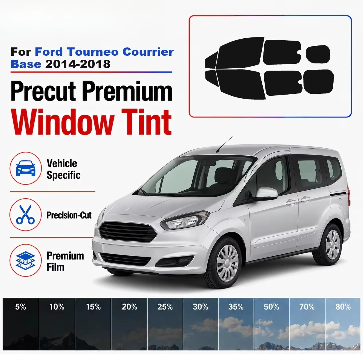 Premium Precut Window Tint Kit Front Rear Windows Rear Windshield For Ford Tourneo Courrier Base 2014-2018 Nano Ceramic Film