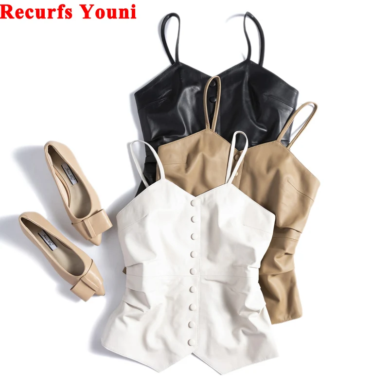 Genuine Leather Crop Tops Women Ladies Summer Fashionable Slim Fit Sling Mujer Sexy Pleated Folded Thin White Vetement Femme