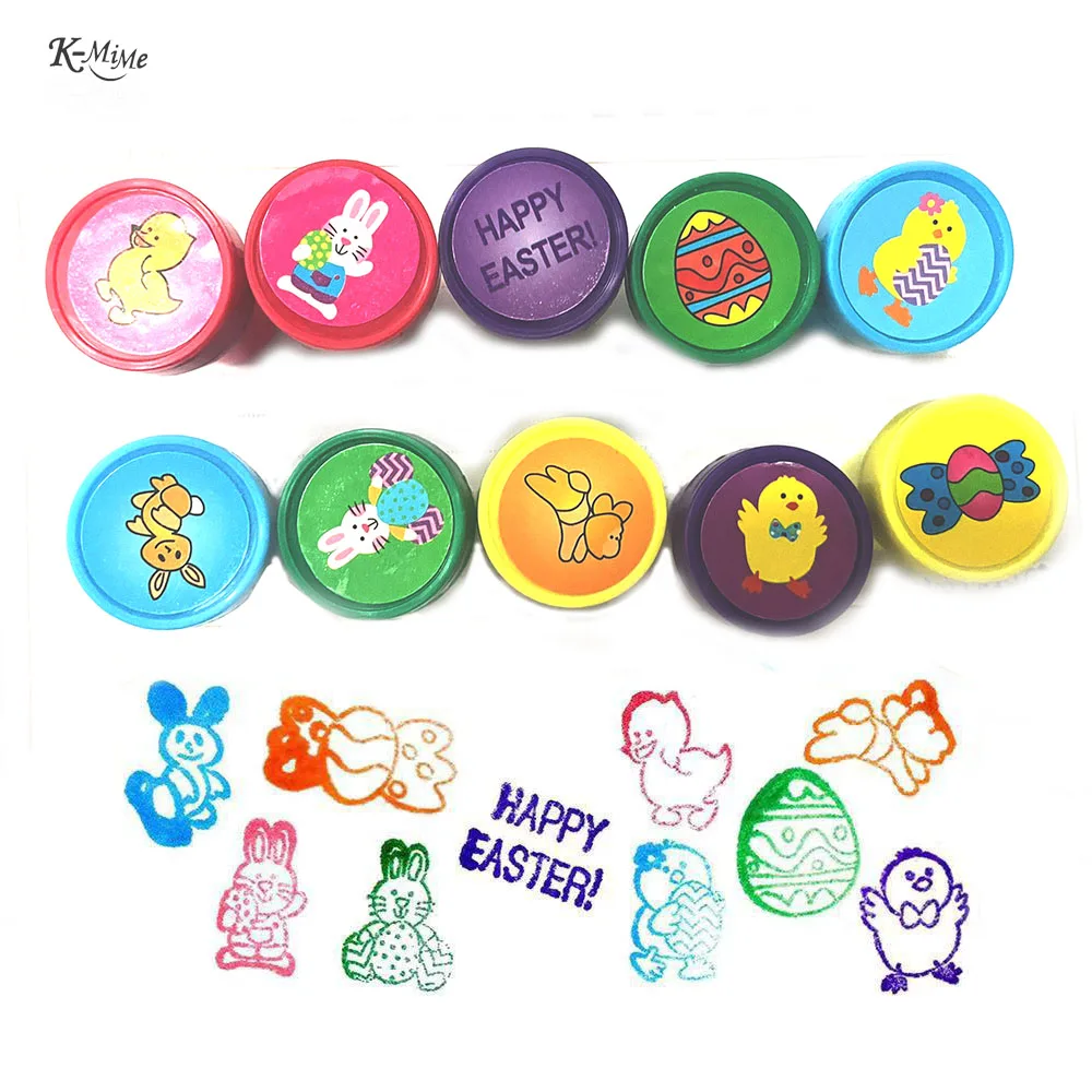 Kit 10pcs Easter Bunny Egg Stamp Set for Children Cartoon Self-inking Stamps