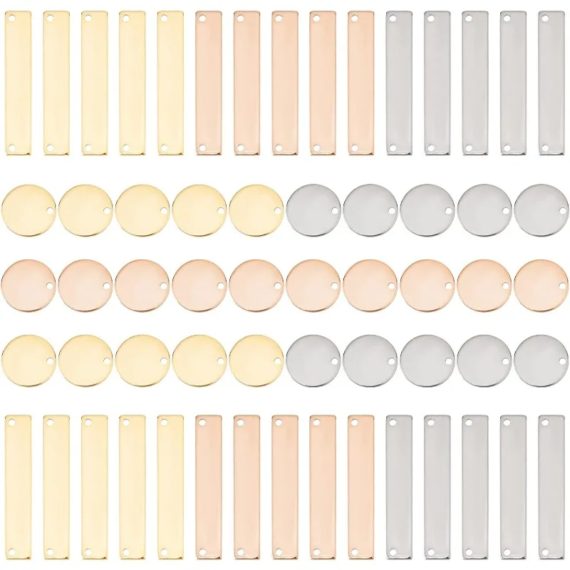 

60Pcs 2 Styles 3 Colors Engraved Pendant Stainless Steel Stamping Blank Tag Pendants Flat Round Rectangle Connector Charms