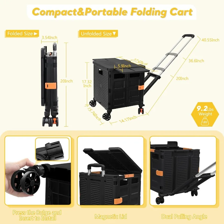 Chariot utilitaire pliable, caisse roulante, chariot à main avec roues rotatives et couvercle magnétique étendu, poignée télescopique réglable à Mult