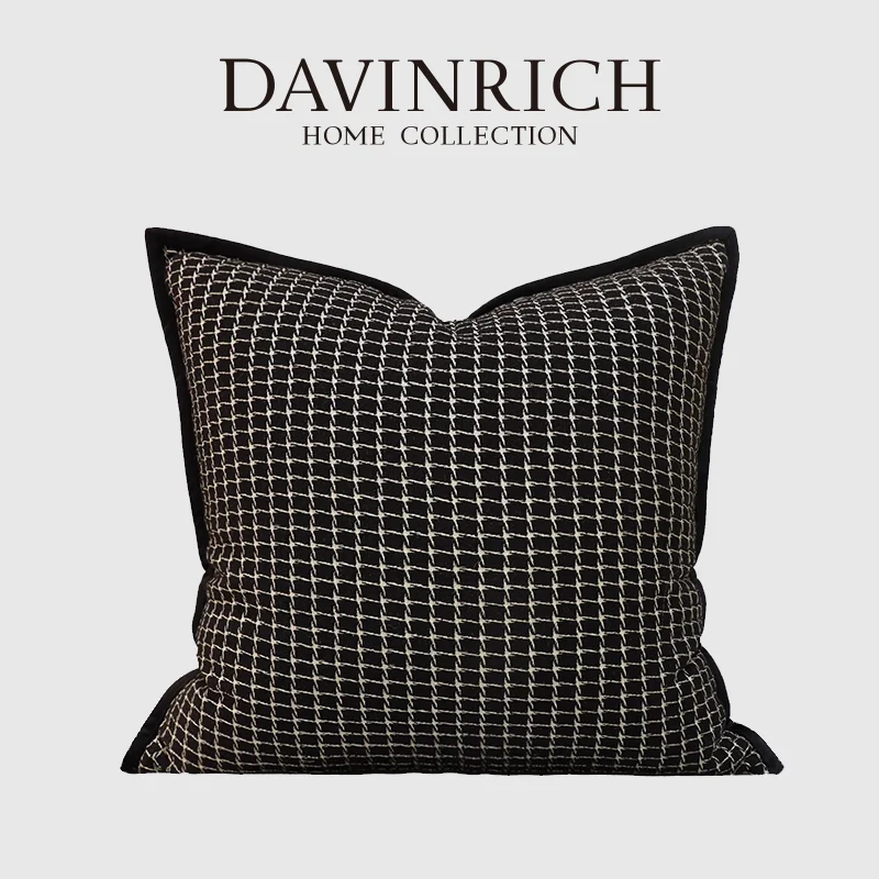 DAVINRICH Luxury Black Gray Grid Pattern Vintage Textile Cushion Cover  Willow Square Throw Pillow Case For Living Room Sofa Bed