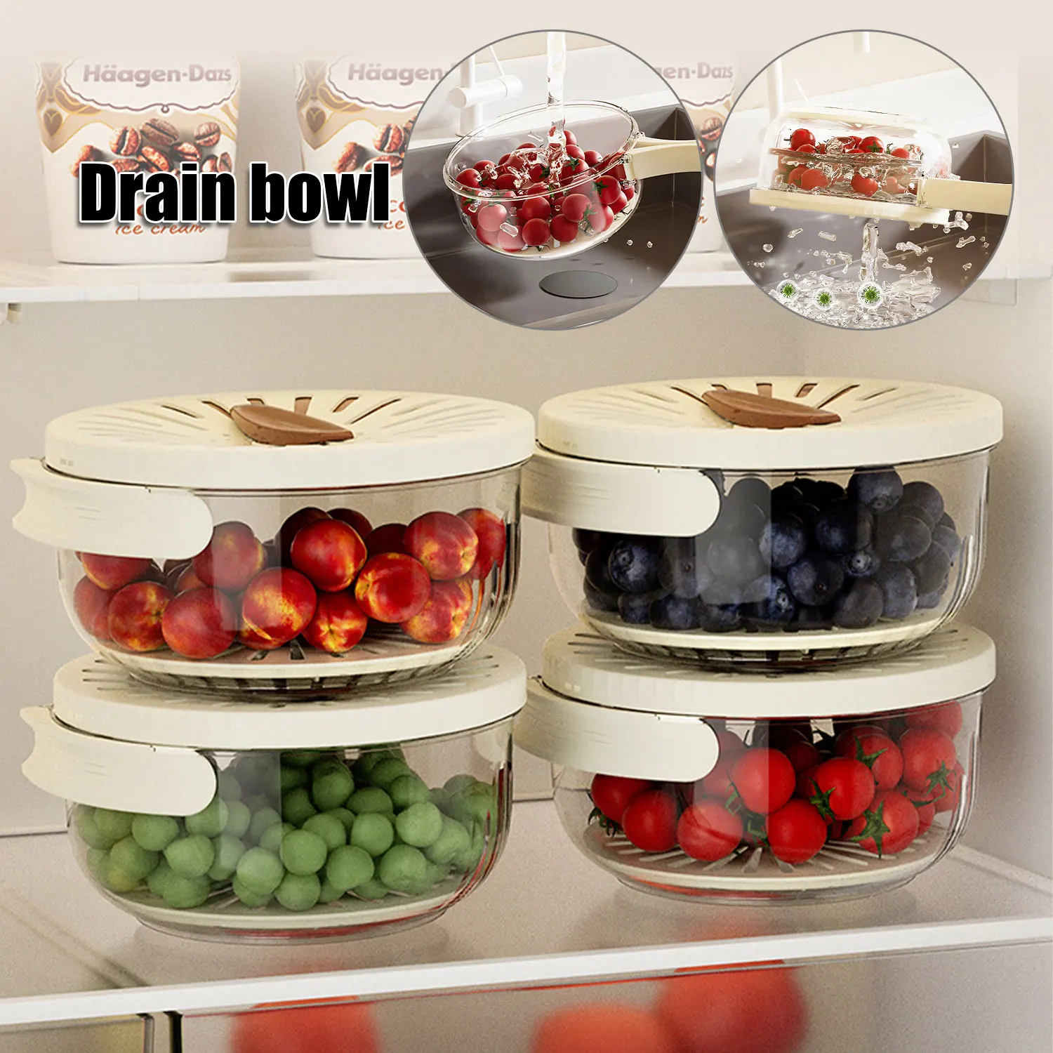 Washing Fruits Drain Bowl Refrigerator Preservation Box Storage Box Kitchen Portable Transparent Fresh-keeping Snack Food Box