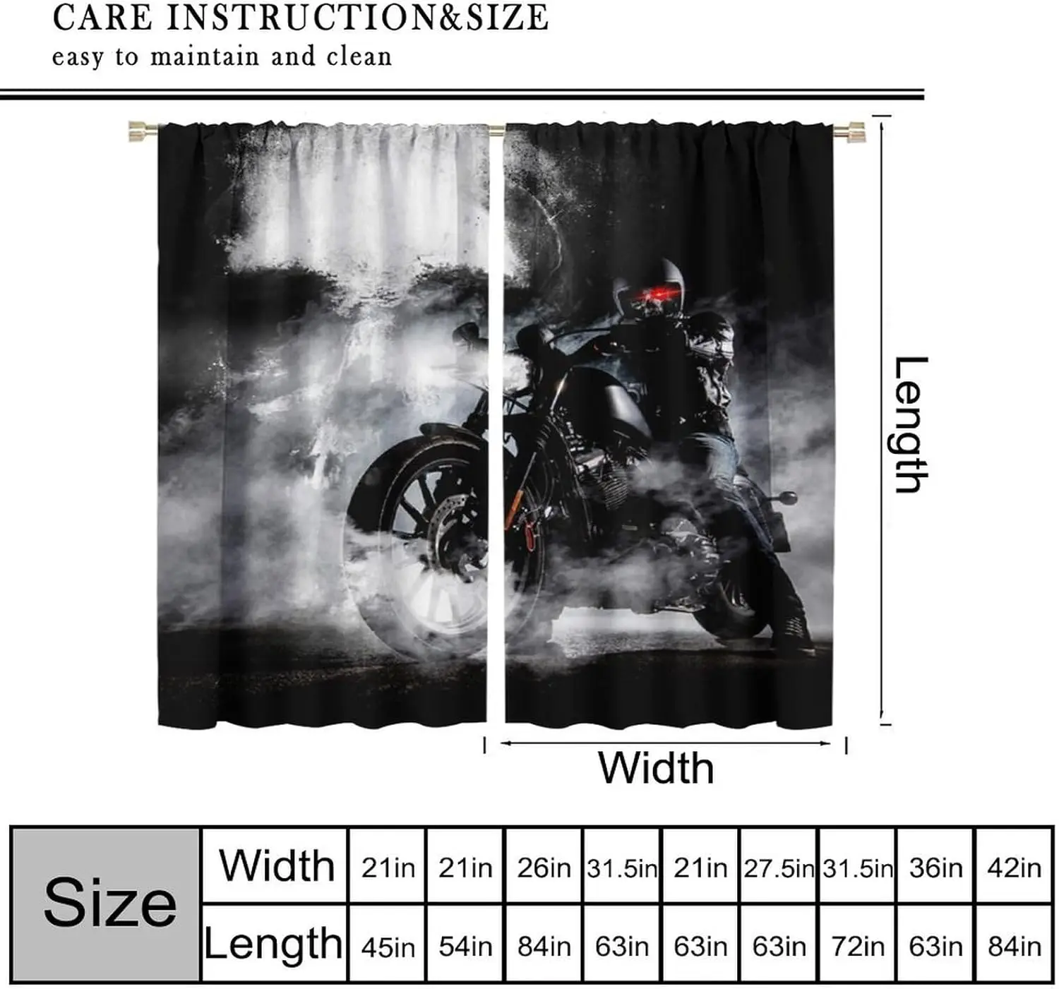 Skull Motorcycle Rider Blackout Curtains, Cool Biker Mist Print Rod Pocket Drapes for Teens Bedroom Man Cave Home Decor