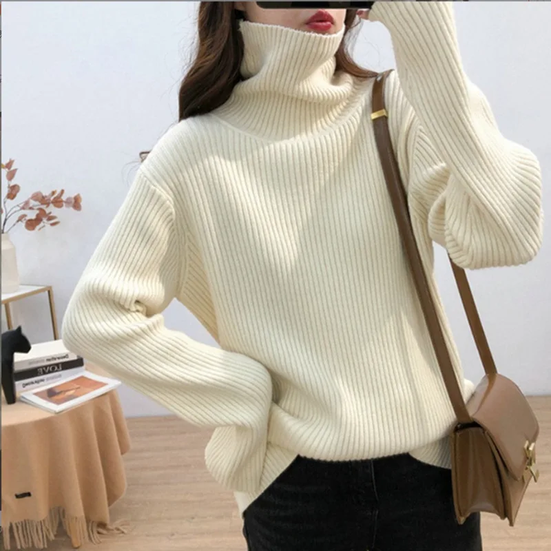 2024Autumn and Winter New High Neck Sweater Women's Idle Style Loose All-Matching Sweater Western Style Warm Pullover Bottoming