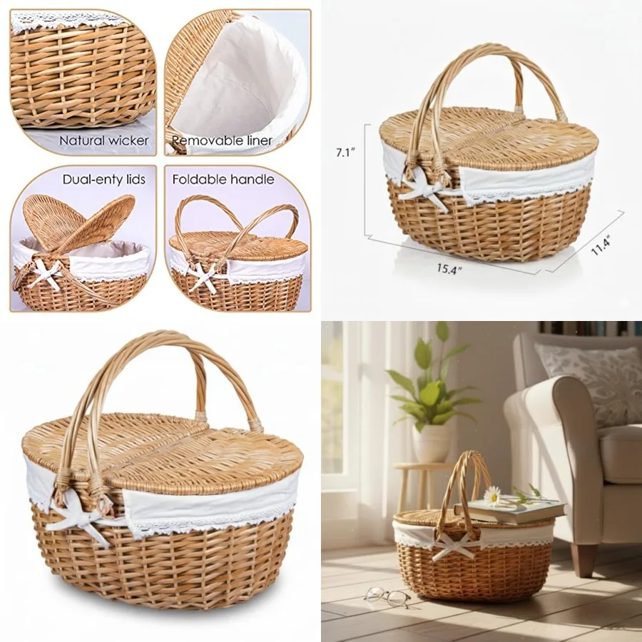 

Wicker Picnic Basket with Lid and Handle 15" Sturdy Woven Body with Washable Lining for Easter, Mother's Day, Outdoor Camping,
