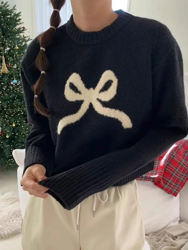

Dongda Gate Winter 2025 Faionable Knitted Sweater with Bow Pattern round Ne Long Sve ort Design Anti-Wrinkle Ladies Top