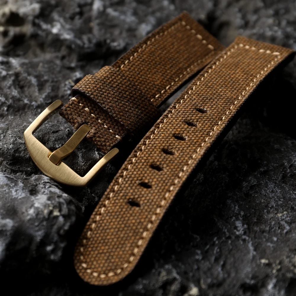 Handmade First Layer Cowhide Leather Fitted Canvas Strap, 20 22 24mm Soft Vintage Genuine Leather Bracelet with Bronze Watch Mou