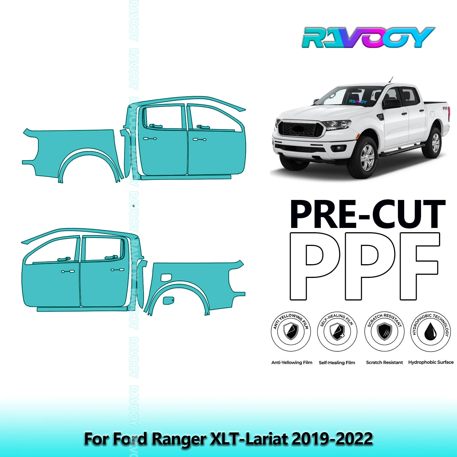 

For Ford Ranger XLT-Lariat 2019-2022 8.5mil Clear Matte Pre-Cut PPF Door & A/B Pillar Kit TPU Paint Protection Film Set
