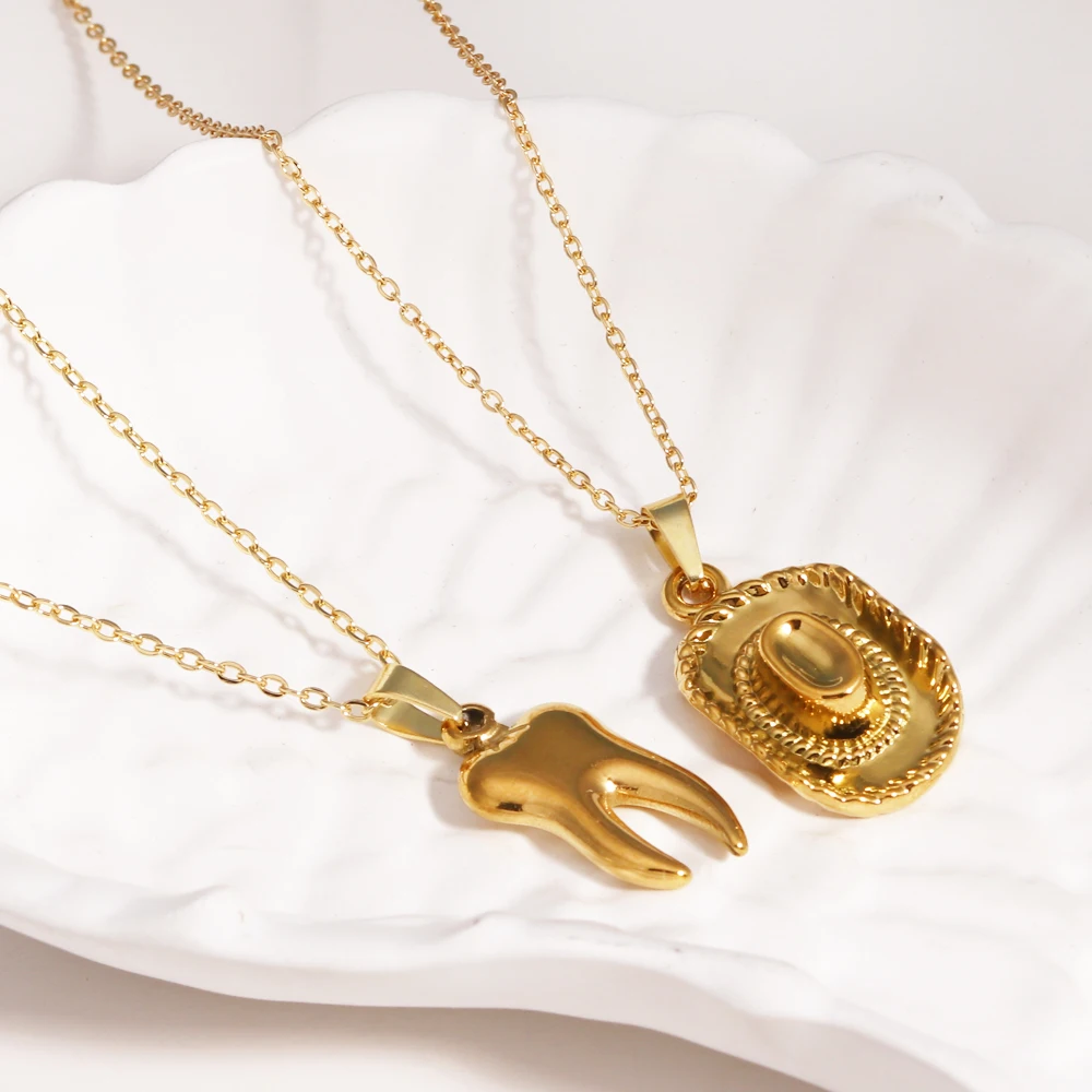 316L roestvrij staal westerse cowboyhoed tand hanger ketting ketting sieraden goud 18K vergulde charme kraag accessoires voor vrouwen