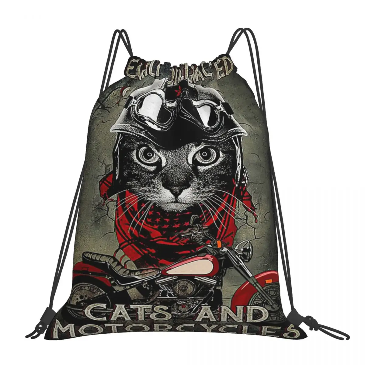 Easily Distracted By Cats And Motorcycles - Cat Biker Backpacks Drawstring Bags Drawstring Bundle Pocket Sundries Bag Book Bags