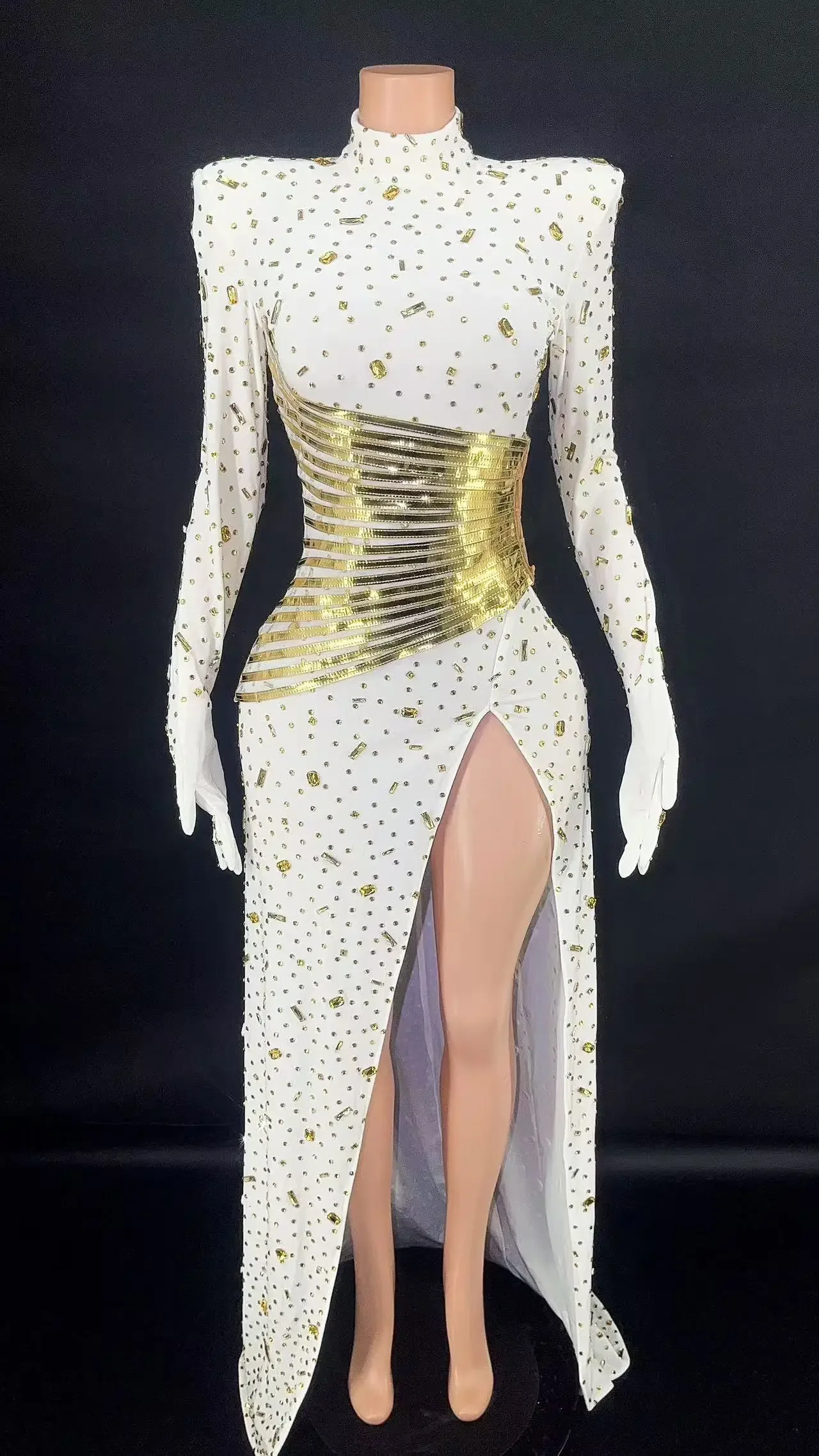 

Club Sexy Stage Evening Birthday Celebrate Transparent Rhinestone Big Sleeves Skirt Costume Women Dancer Prom Stones Host Outfit