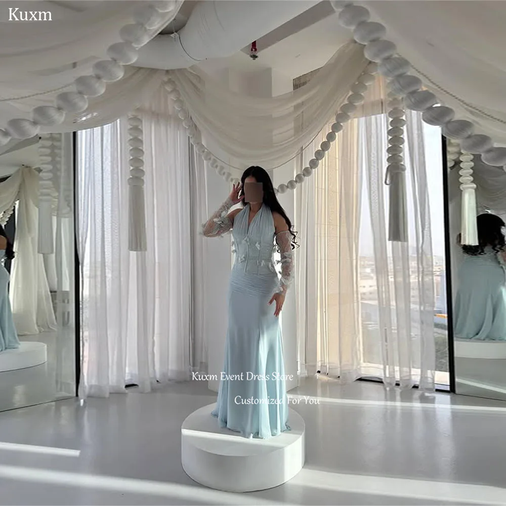 

Kuxm Sky Bule Halter Neck Evening Dress Detachable Sleeves Mermaid Robes De Soirée Floor Length Chiffon Prom Gowns Customized