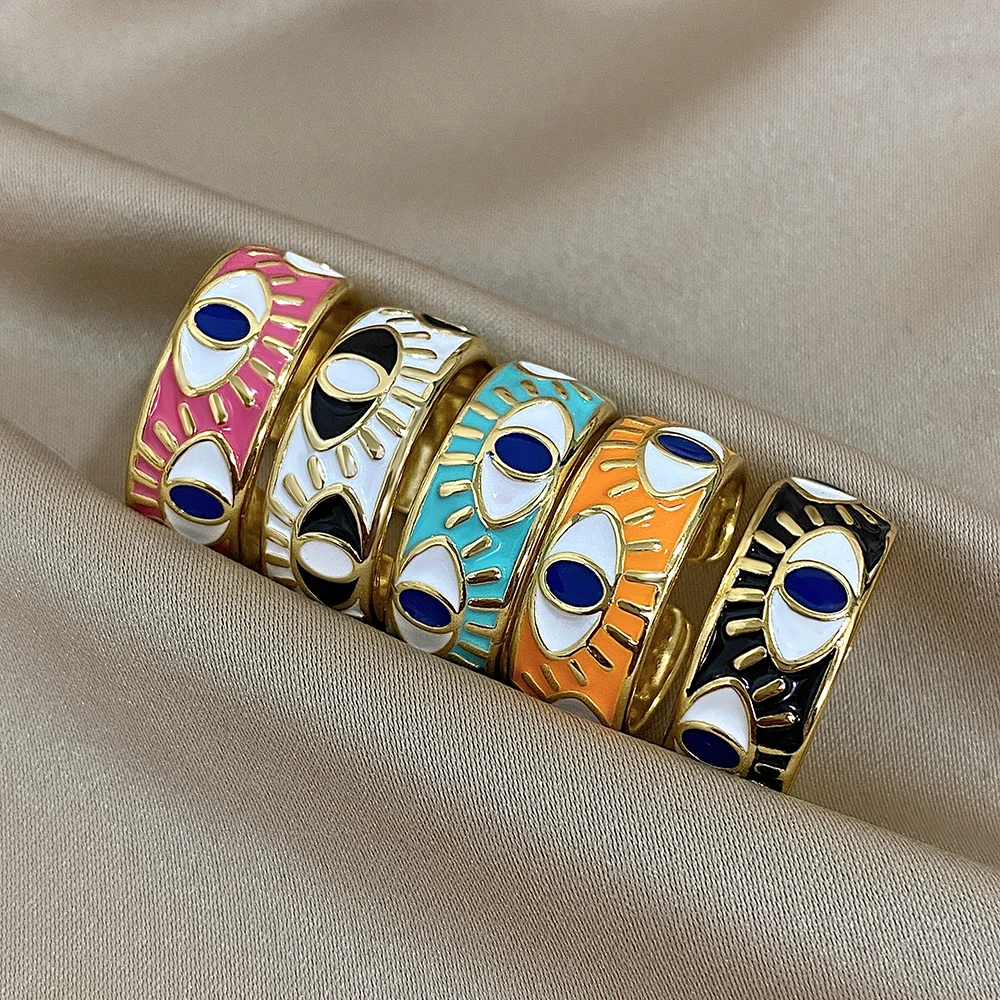 Lifefontier New Colorful Enamel Engrave Devil's Eye Open Rings for Women Trend Turkish Eye Finger Wide Rings Jewelry 2024