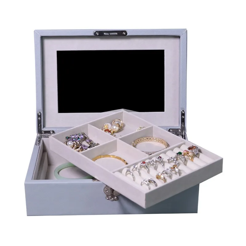 

Double jewelry box, thickened wooden board with lock jewelry storage box with mirror