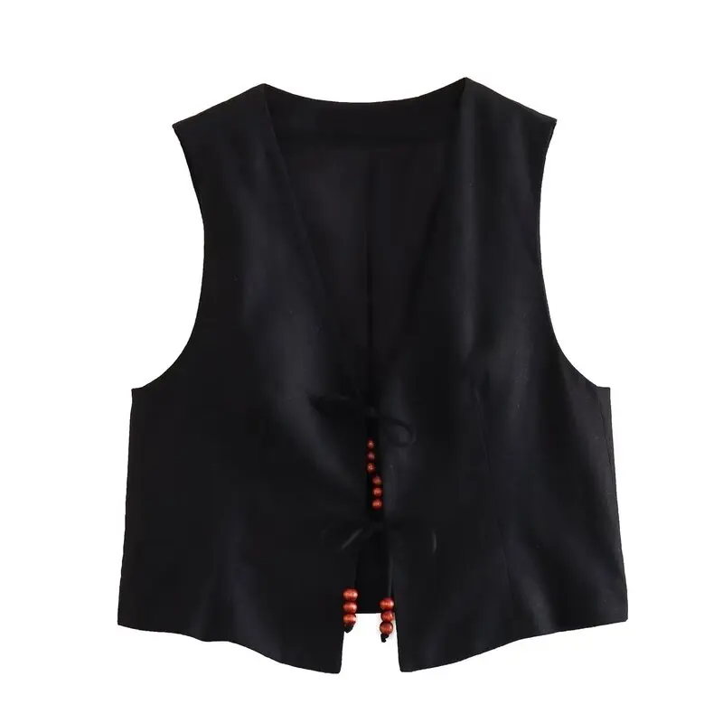 Ceco de lino con cuello en V y cuentas para mujer, joyería Retro de moda de verano, orme de estudiante de tela de poli...