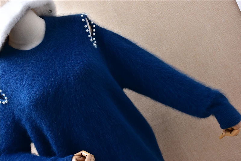 Mujer Otoño Invierno moda coreana peluda Angora conejo pelo tejido cuello redondo mangas con hombros descubiertos rebordear suéter suelto