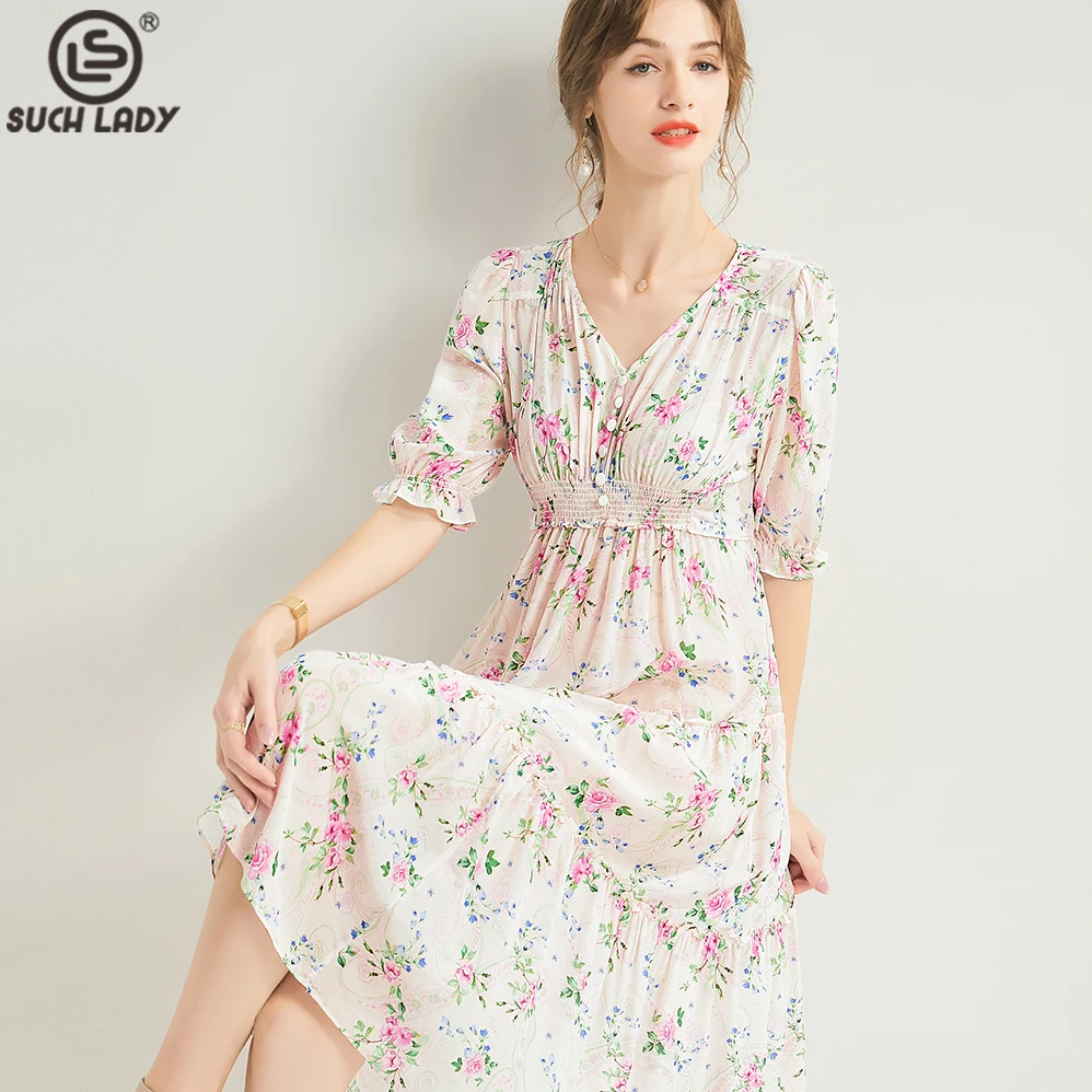 

100% Natural Silk Women's Dress V Neck Short Sleeves Printed Elastic Waist Floral Fashion Casual Vestidos