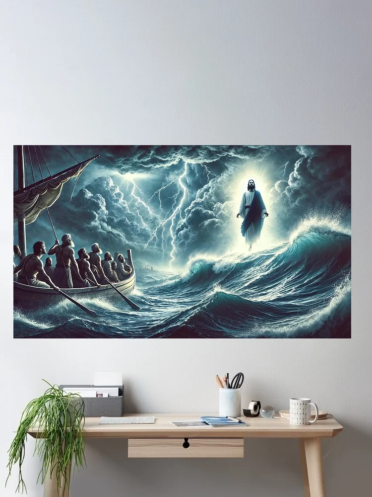 Jesus Walking on Water, Print Art Canvas Poster, For Living Room Decor, Home Wall Picture
