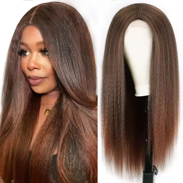 

Long Brown Kinky Straight synthetic Wig Copper Red Yaki 28 30 inches Wigs With Pre Plucked Hairline Hair Heat Temperature