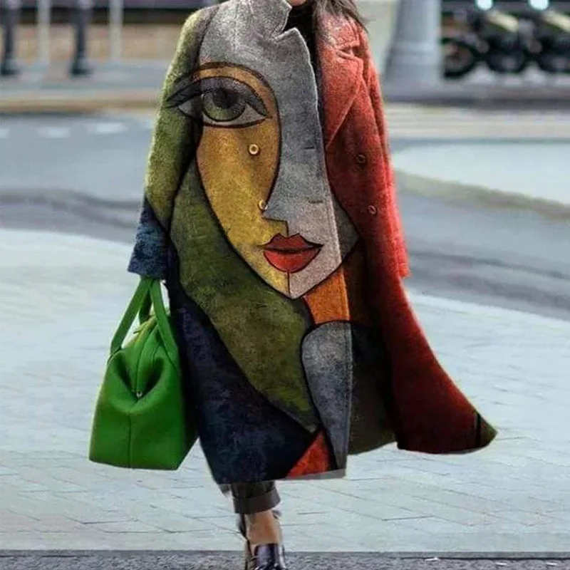 

2025 Autumn New Women's Long Sve Turn-down Collar Coat Printed Woolen Long Coat Ele Lady Commute Sle Loose Fit