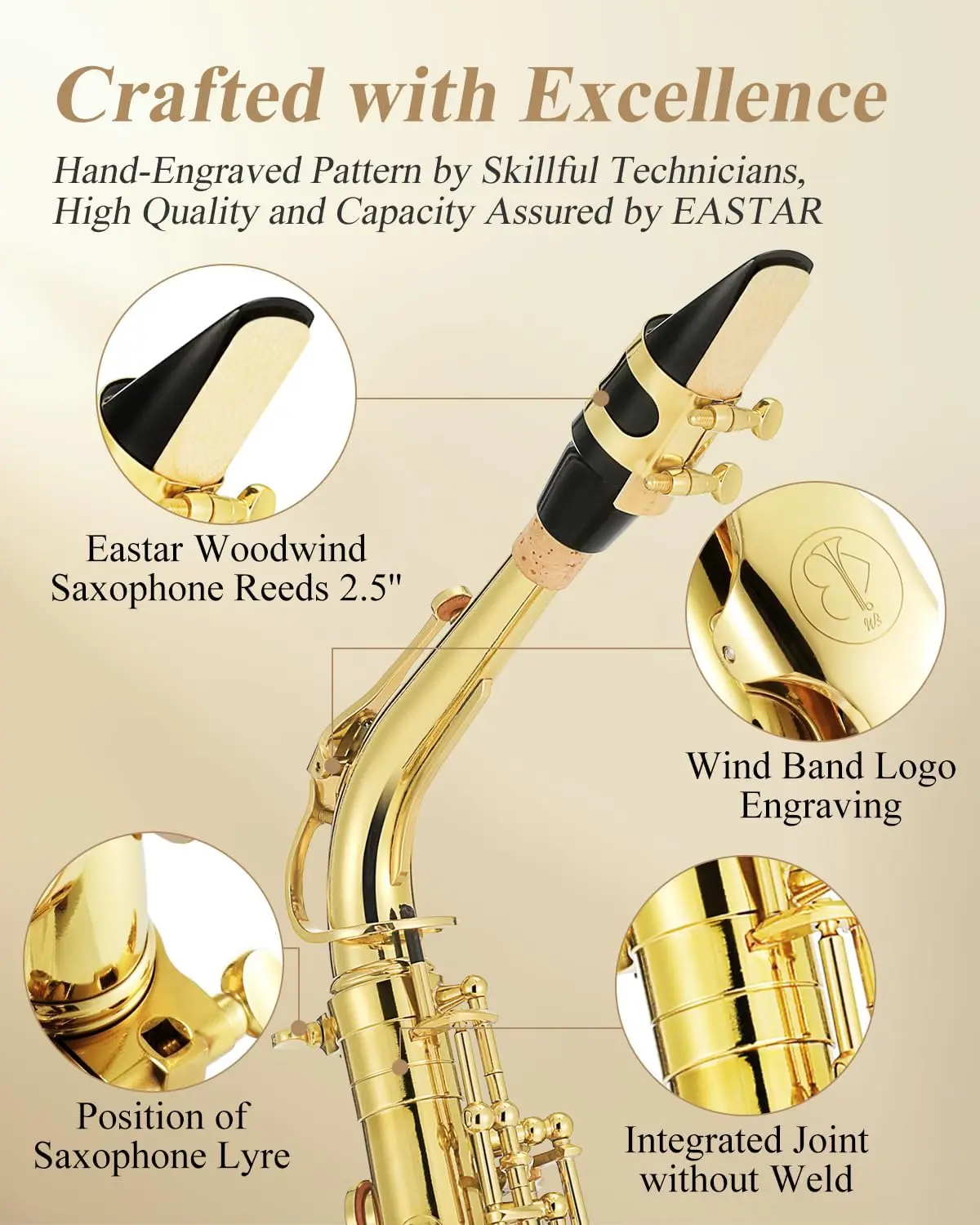 Professional Alto Saxophone E Flat Alto Saxophone Eb Saxophone Gold With Cleaning Cloth, Carrying Case, Mouthpiece, Neck Strap,