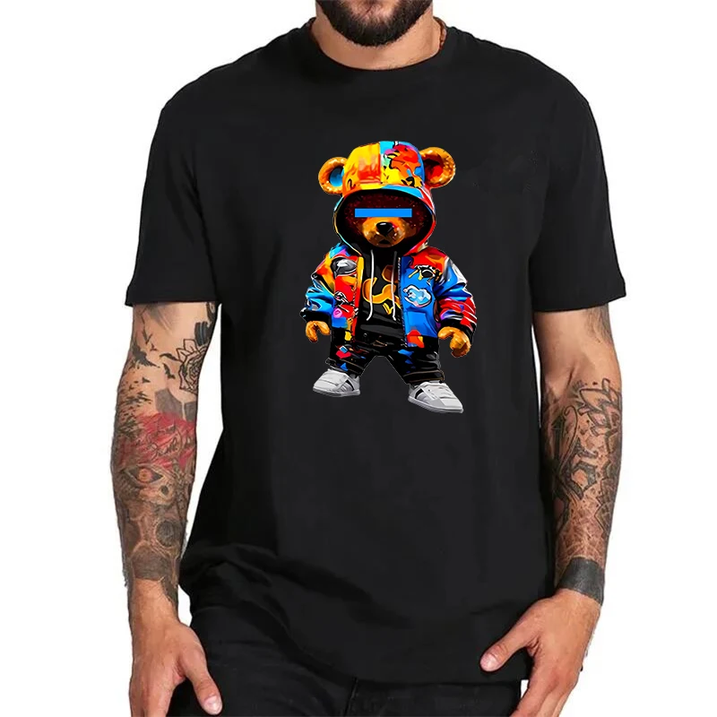 New Summer Colorful Bear Print Men's and Women's Short-sleeved Cotton Round Neck T-shirt Fashion Casual Fitness Street Wear