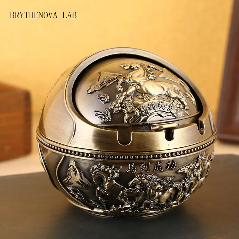 Creative Round Shape Metal Ashtray Successed Horse Ash Tray Windproof Boy Father Friend Gift Cigarette Holder Home Decor