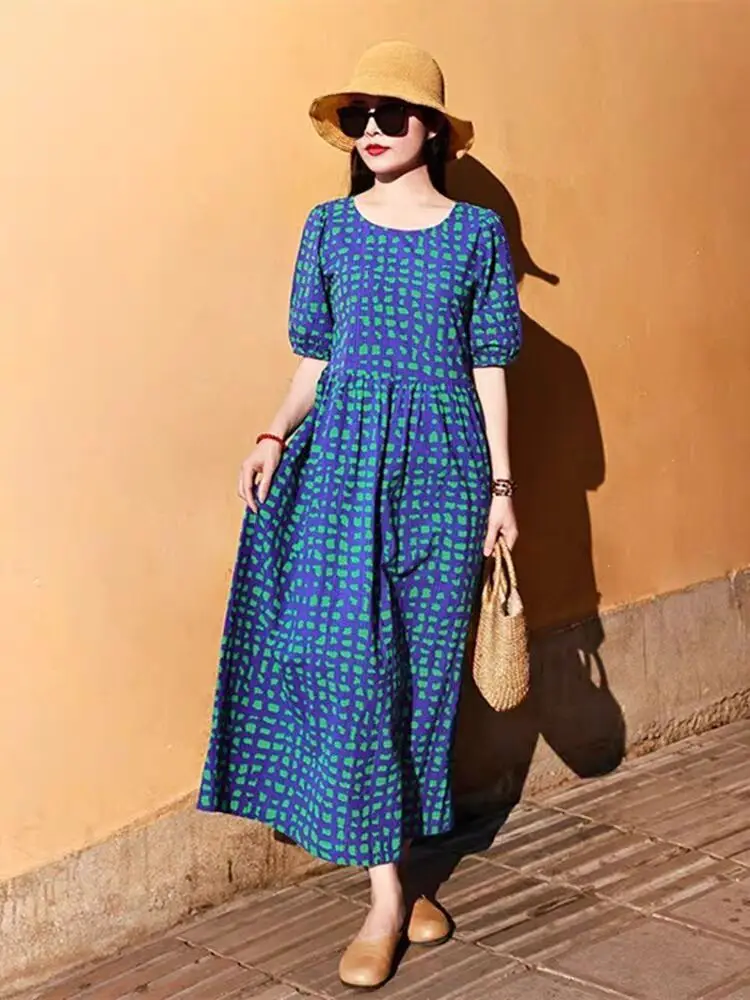 

Ramie Cotton Print Casual Loose Dress Women 2024 Summer Vintage Bubble Sleeve Long Dress Female Oversize Vacation Clothes X1289