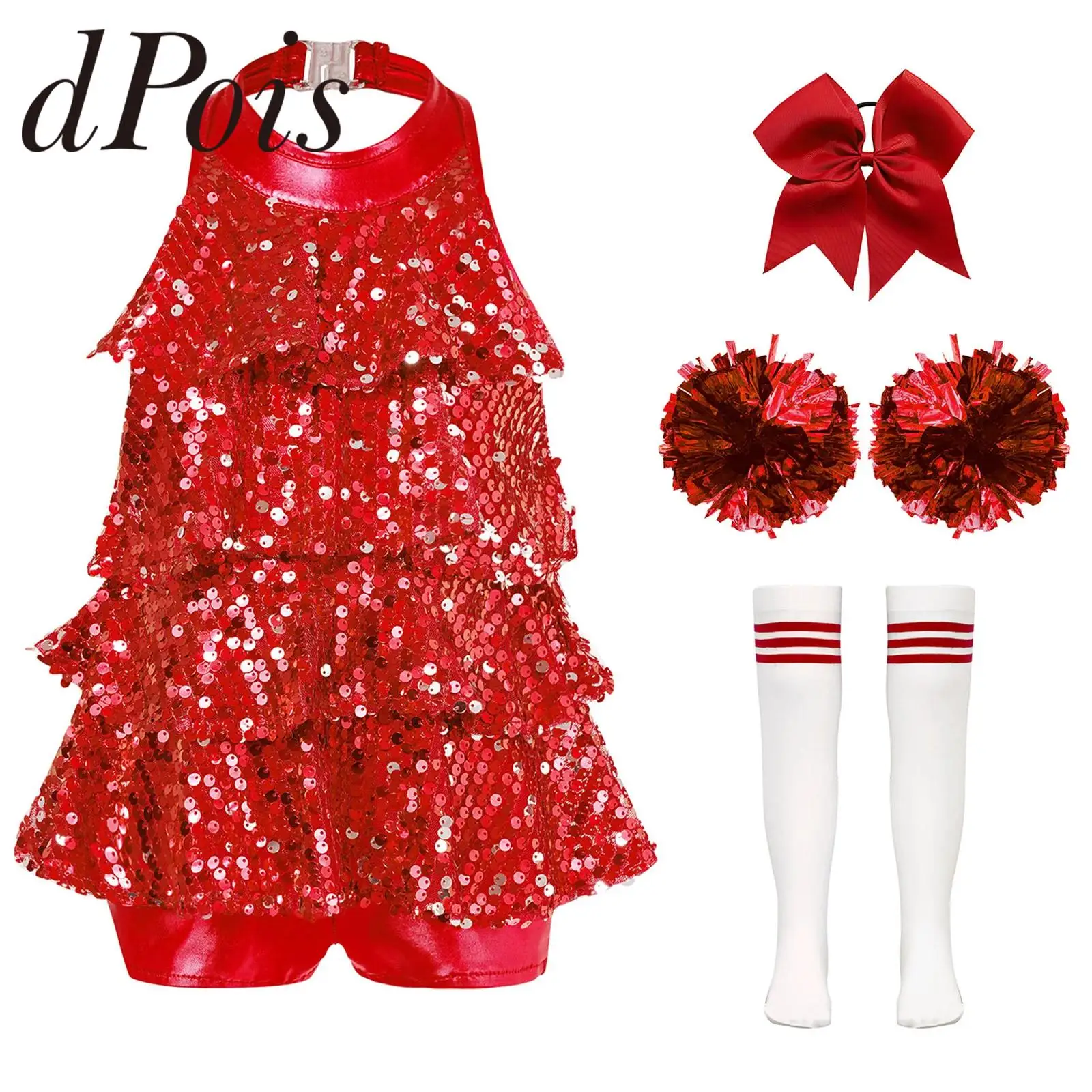 Costume de pom-pom girl à paillettes brillantes pour enfants, tenues licou, robe justaucorps de danse, vêtements d'équipe d'encouragement, ensembles de vêtements de danse pour filles