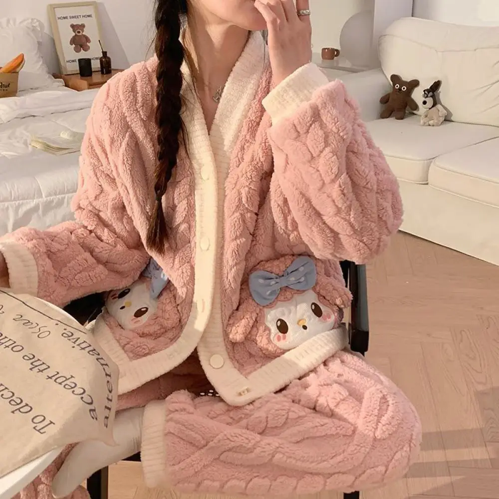 بدلة بيجامات أنيمي كورومي ماي ميلودي من القطيفة Sanrioed Kawaii ملابس منزلية كرتونية للفتيات سترة شتوية من الصوف المرجاني ملابس نوم