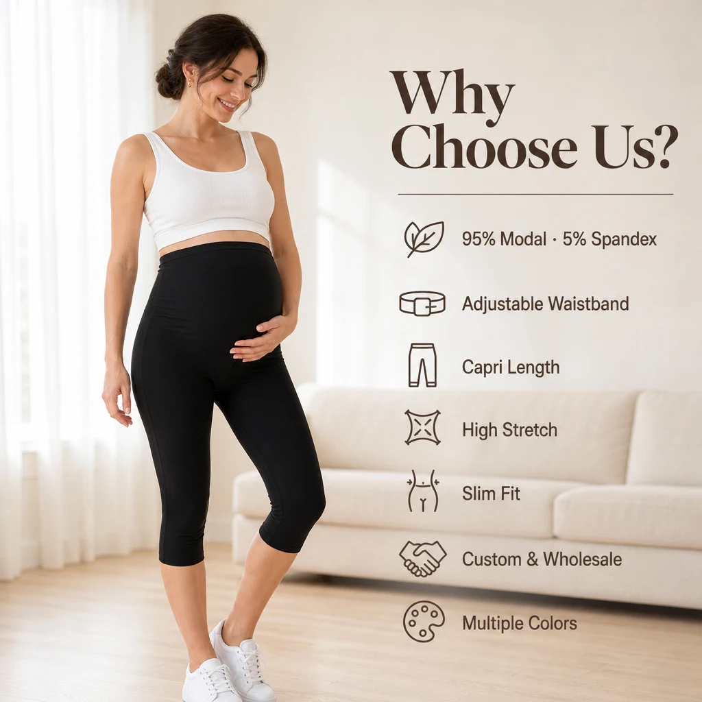 Leggings Capri de Maternité en Modal Doux, Taille Haute, Ceinture Ajustable, Pantalon Court Extensible, Leggings de Grossesse pour Femmes Enceintes