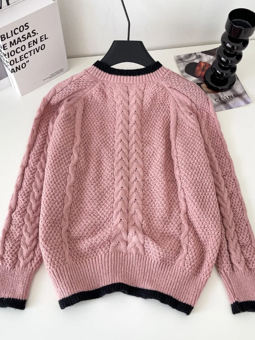 Foamlina Retro Korean Style Knit Sweater Women Winter Twist Color Block Striped Loose Lazy Relaxed Casual Sweater Coat Pullover