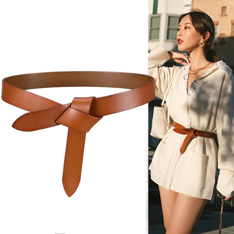 

Stylish Thin Genuine Leather Belt for Women Classic Knotted Design, Solid Color, Elegant Waistband, Perfect for Dress Coats