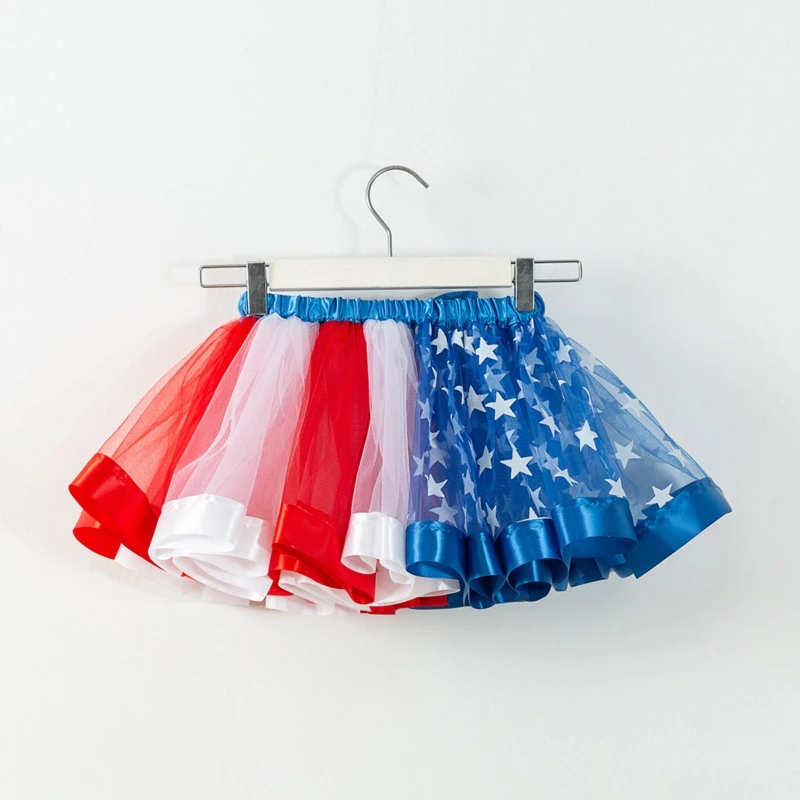 Kids Little Girls American Flag Pattern Tutu Skirt with Bowknot Hair Clip Red White Blue Star Striped Tulle 4th of July Independ