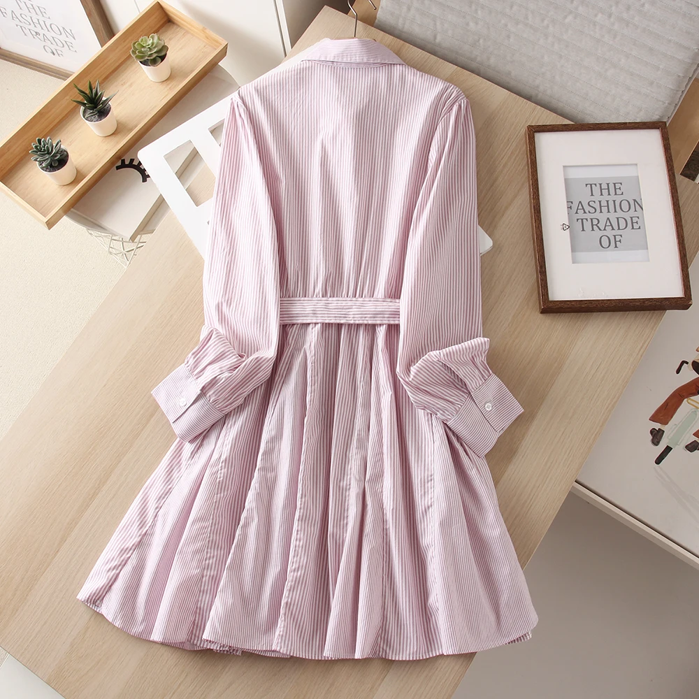 Doce rosa listrado camisa vestido para mulher outono fino manga cheia a linha vestidos casuais de cintura alta rendas vestidos de comprimento médio