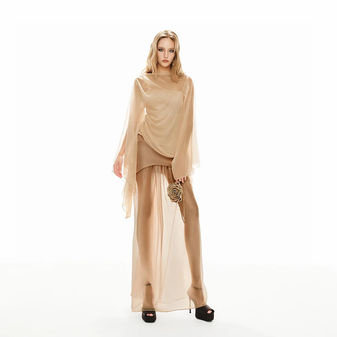 

Designer Floor Length Evening Gown Women Asymmetrical Draped Bell Sleeves Champagne Party Wedding Dress Sheer Mesh Gown Summer