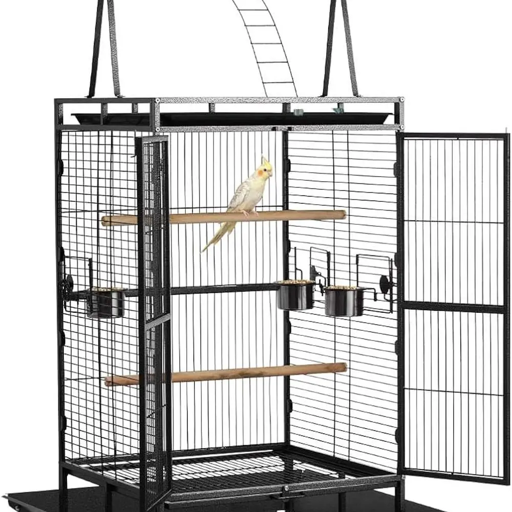 

Просторный авиатур из кованого железа для средних птиц, 32,7x31,1x82,7, с жердонами, съемный поднос, кормушки