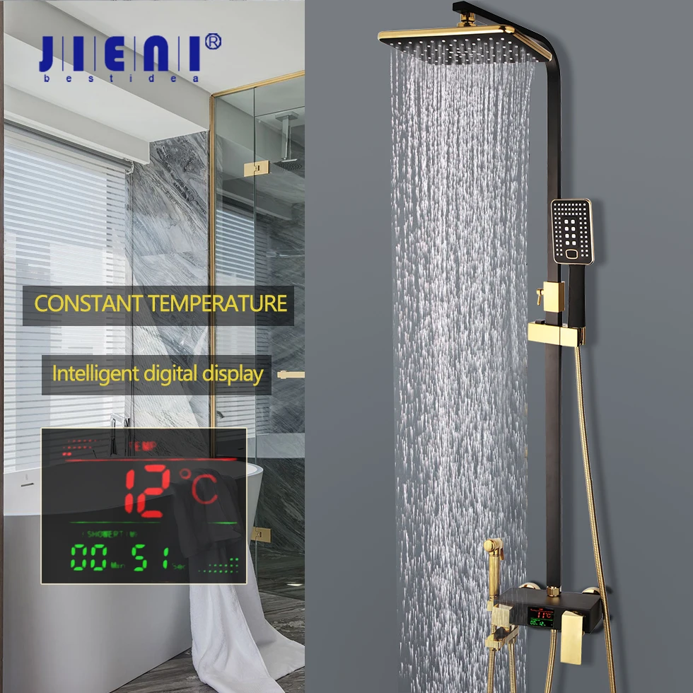 

JIENI Black LED Digital Shower Set Bathroom Wall Mounted Thermostatic Shower System Hot Cold Mixer Bath Faucet Square Spray