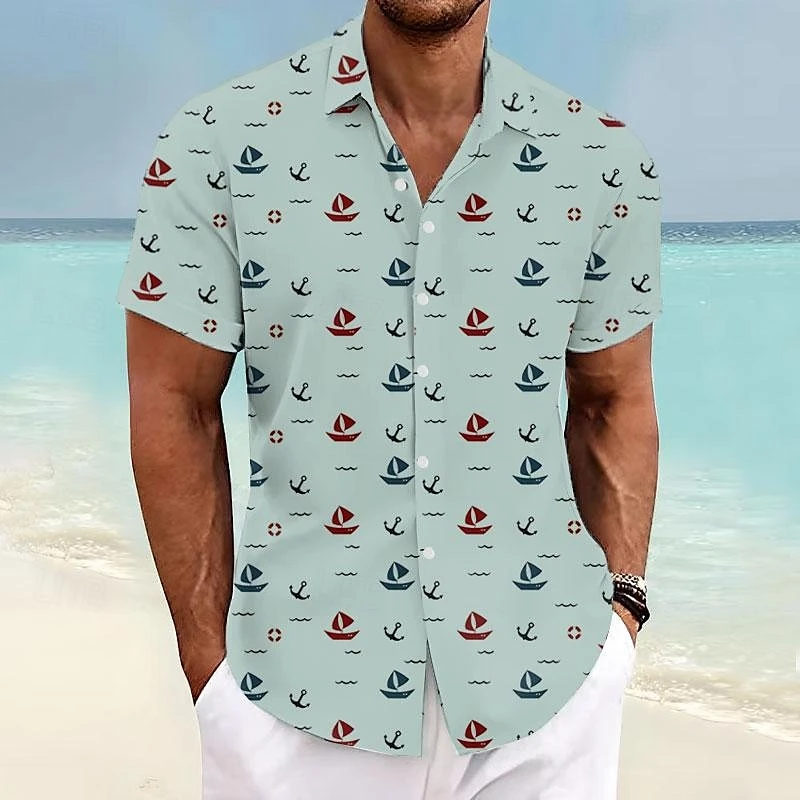 Simple Sailboat Anchor Pattern Hawaiian Shirts For Men Fashion Trend Lapel 3D Printed Beach Shirts Casual Oversize Vacation Tops