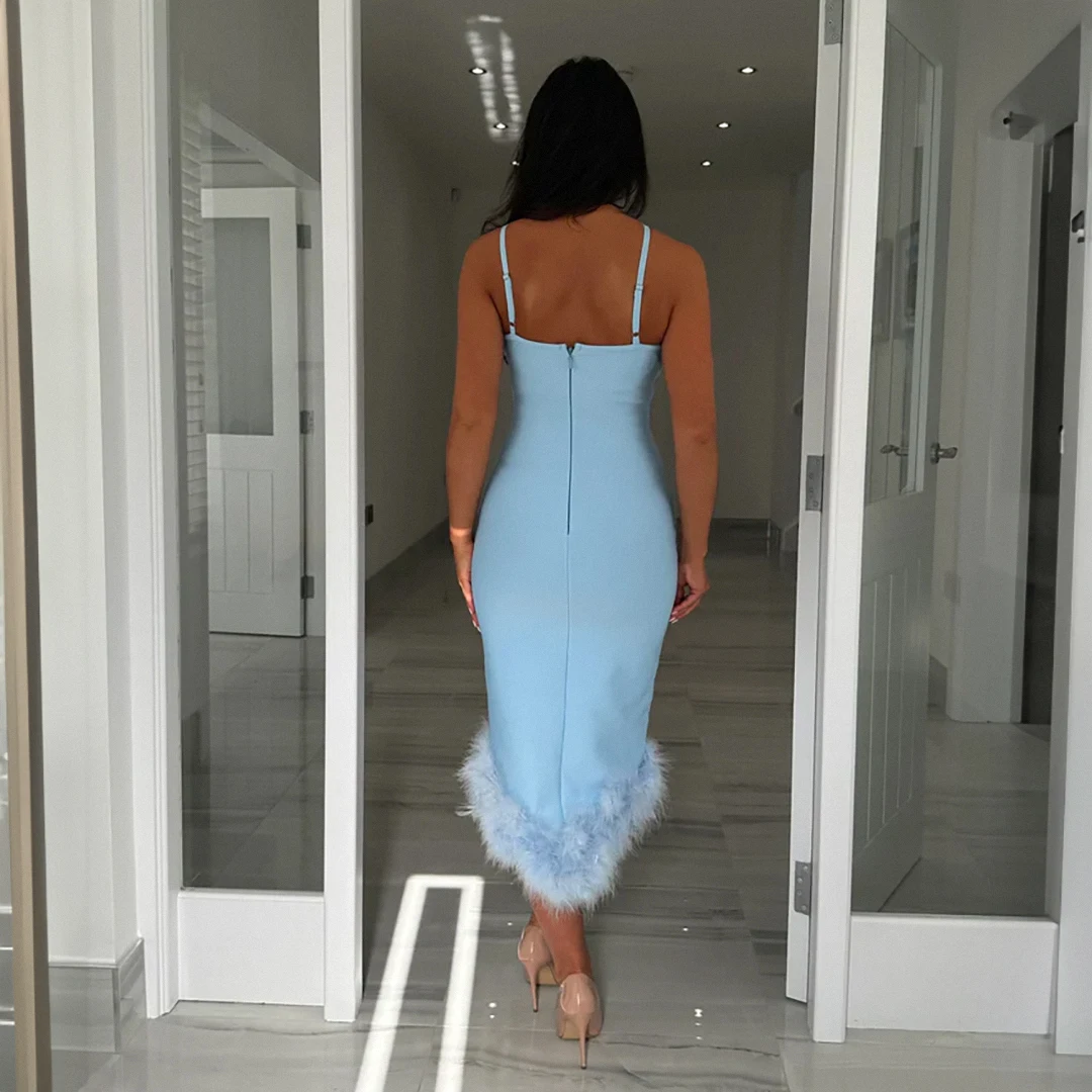 Elegant Light Blue One-Shoulder Feather Hem Midi Elastic Bandage Dress Sexy Classy Women Evening Club Party Gowns High Street