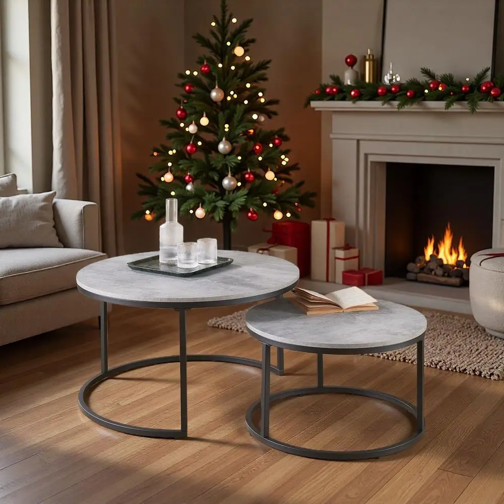 

Modern Industrial 2-Piece Nesting Coffee Table Set, 31.5 Grey Marble Concrete Wood Look with Black Metal Frame for Living Room
