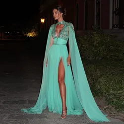 Dubai Arabic Beaded Chiffon Formal Dress with Cape Sleeves Cut-out V Neck Slit Long Prom Party Dresses فساتين للحفلات الراقصة