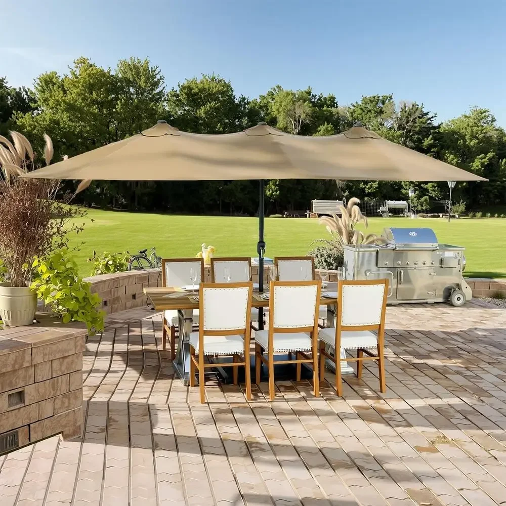 15ft Outdoor Patio Umbrella with Crank and Base, Large Double-Sided Pool Shade, Ideal for Garden and Backyard (Tan)